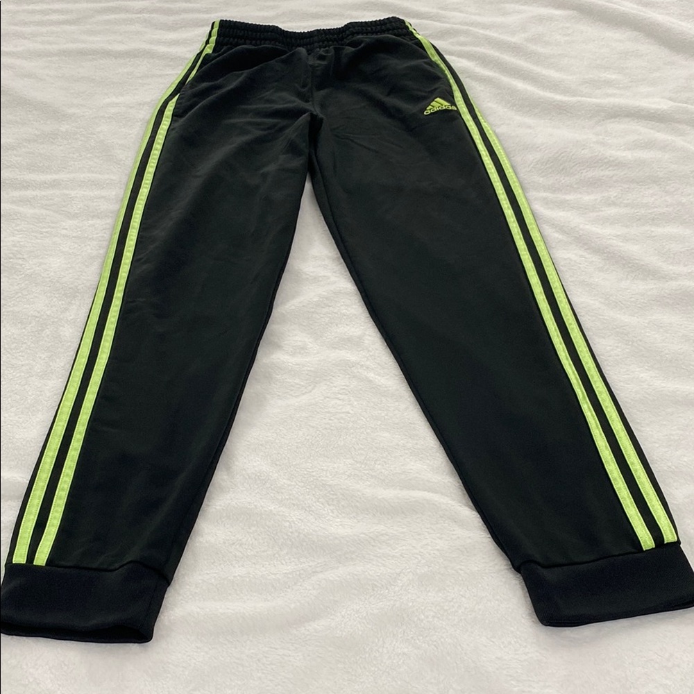 Adidas Kids Black Track Pants with Neon Green Stripes
